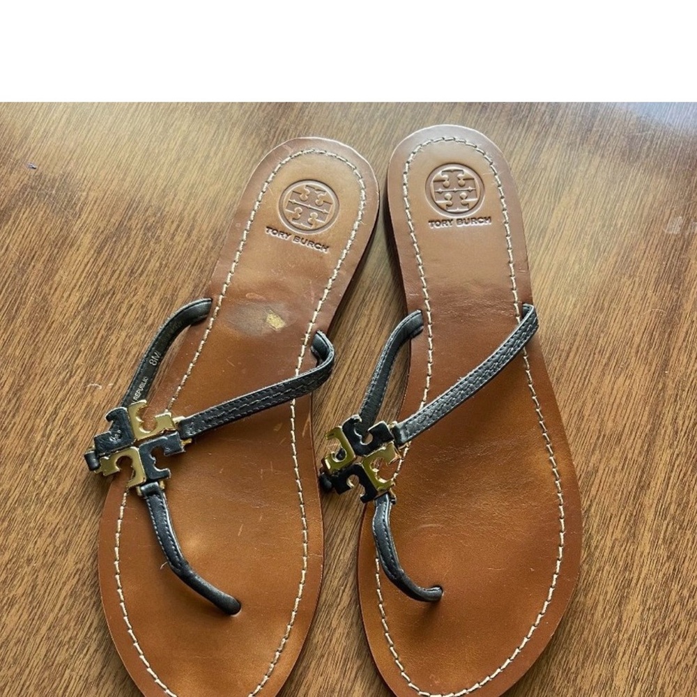 Tory Burch Brown Leather Sandals with Black Straps & Gold Logos